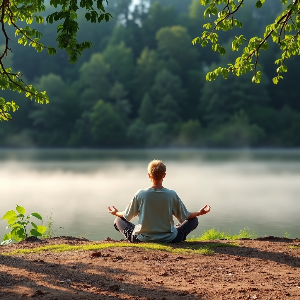 Mierīga meditācijas prakse dabas vidē ar cilvēku, kas sēž lotus pozā pie ezera krastā, ieskauts zaļumiem un rīta miglas
