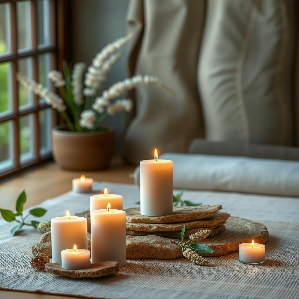 Meditācija un relaksācija - mierīga vide ar svecēm un dabas elementiem