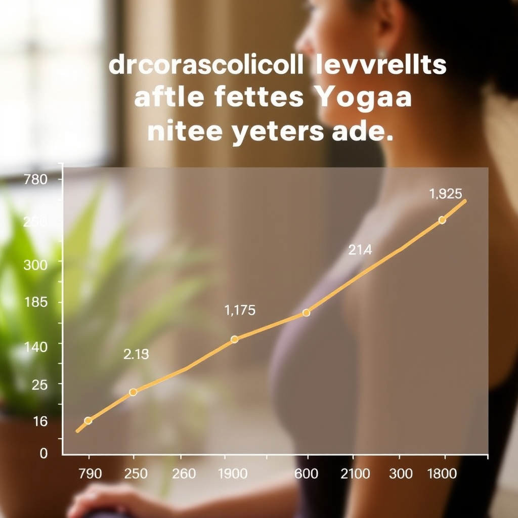 Grafiks vai diagramma, kas parāda kortizola līmeņa samazināšanos pēc jogas prakses, ar skaitļiem un statistiku