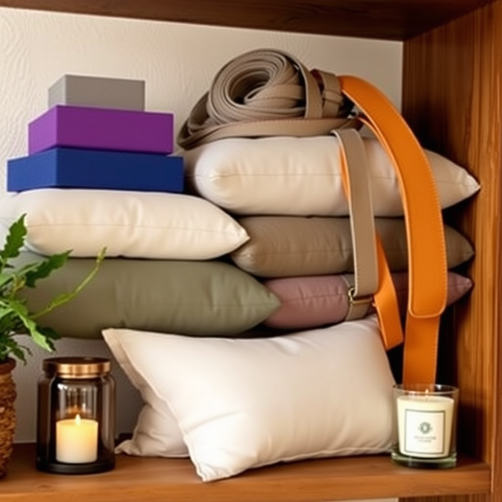 Jogas aprīkojums sakārtots uz plaukta - bloki, siksnas, spilveni un aromterapijas sveces
