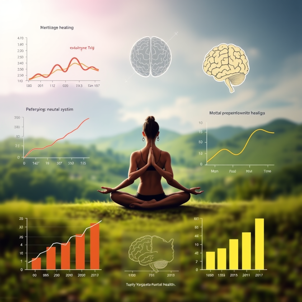 Mierīga meditācijas ainava ar personu jogas pozā, apkārt zinātniski grafiki un diagrammas, kas parāda jogas pozitīvo ietekmi uz smadzenēm un garīgo veselību